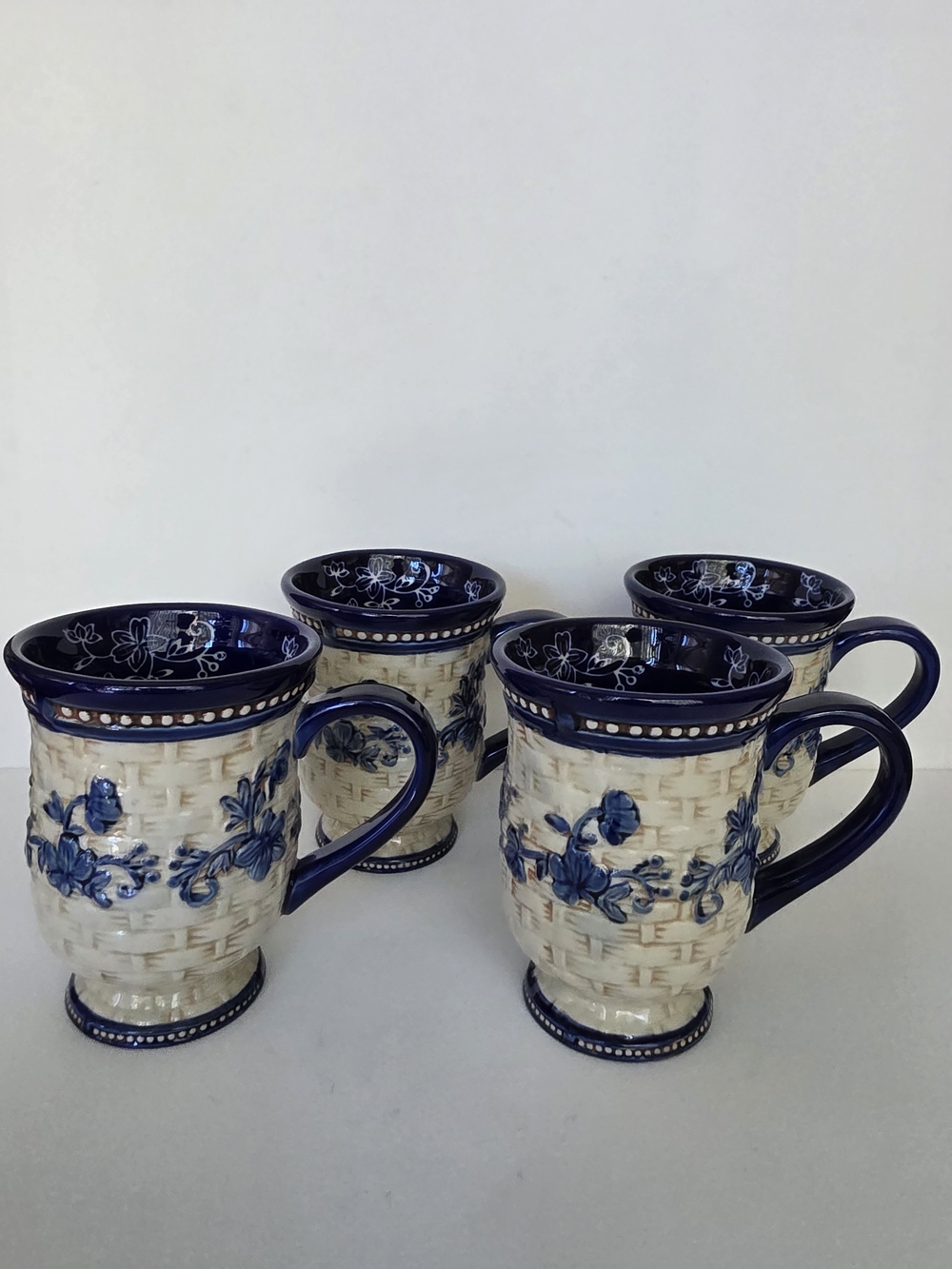 Temp-Tations Blue and Cream Floral Ceramic Mugs - Set of 4